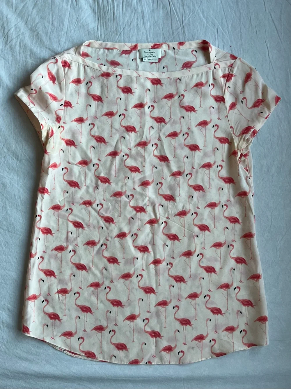kate spade cream top with pink flamingo print
